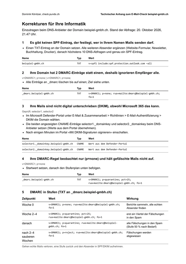 Seite 2 des E-Mail-Berichts: technischer Anhang mit den genauen Einträgen