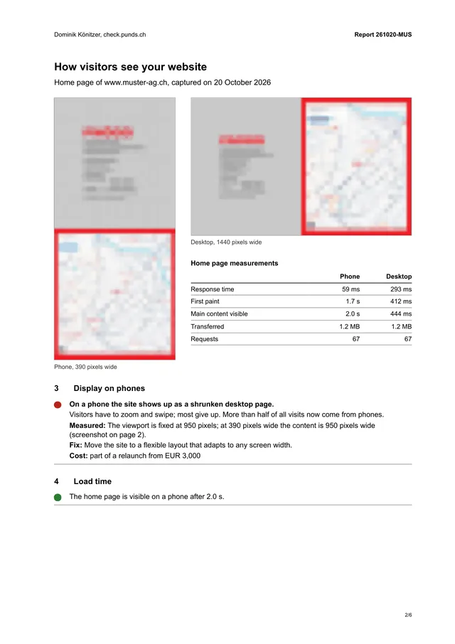 Page 2 of the sample report: screenshots on a phone and on a desktop